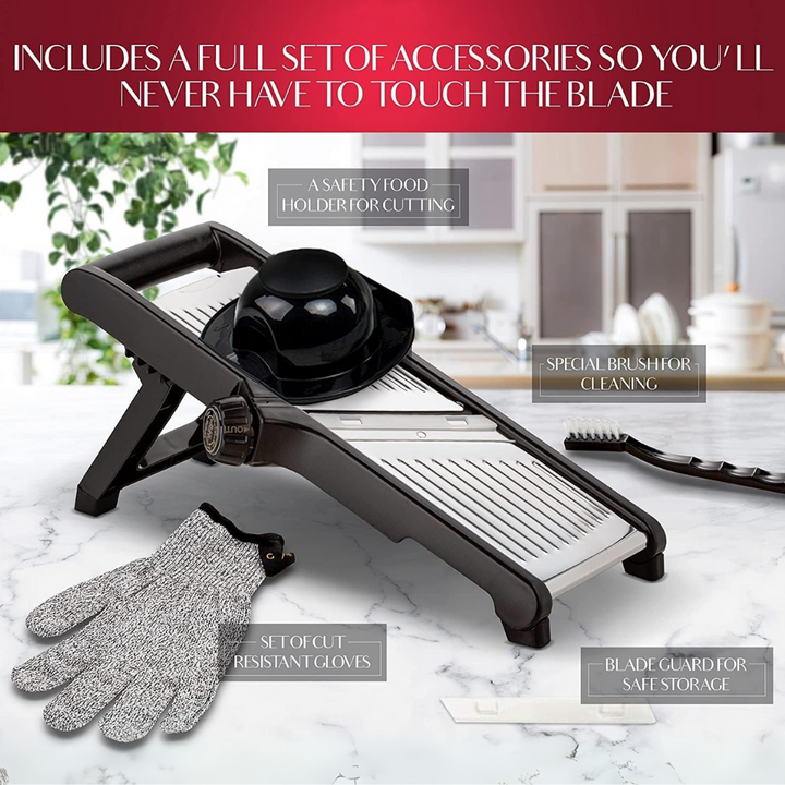 Premium food slicer with cut-resistant gloves-Adjustable Mandoline-Nora Luxe