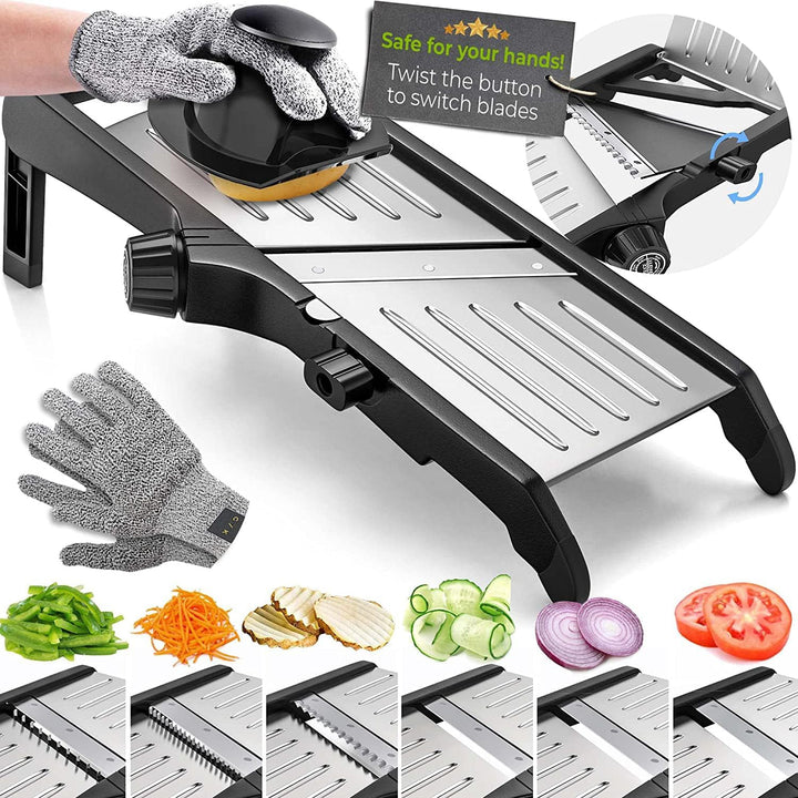 Premium food slicer with cut-resistant gloves-Adjustable Mandoline with Waffle Cutter-Nora Luxe