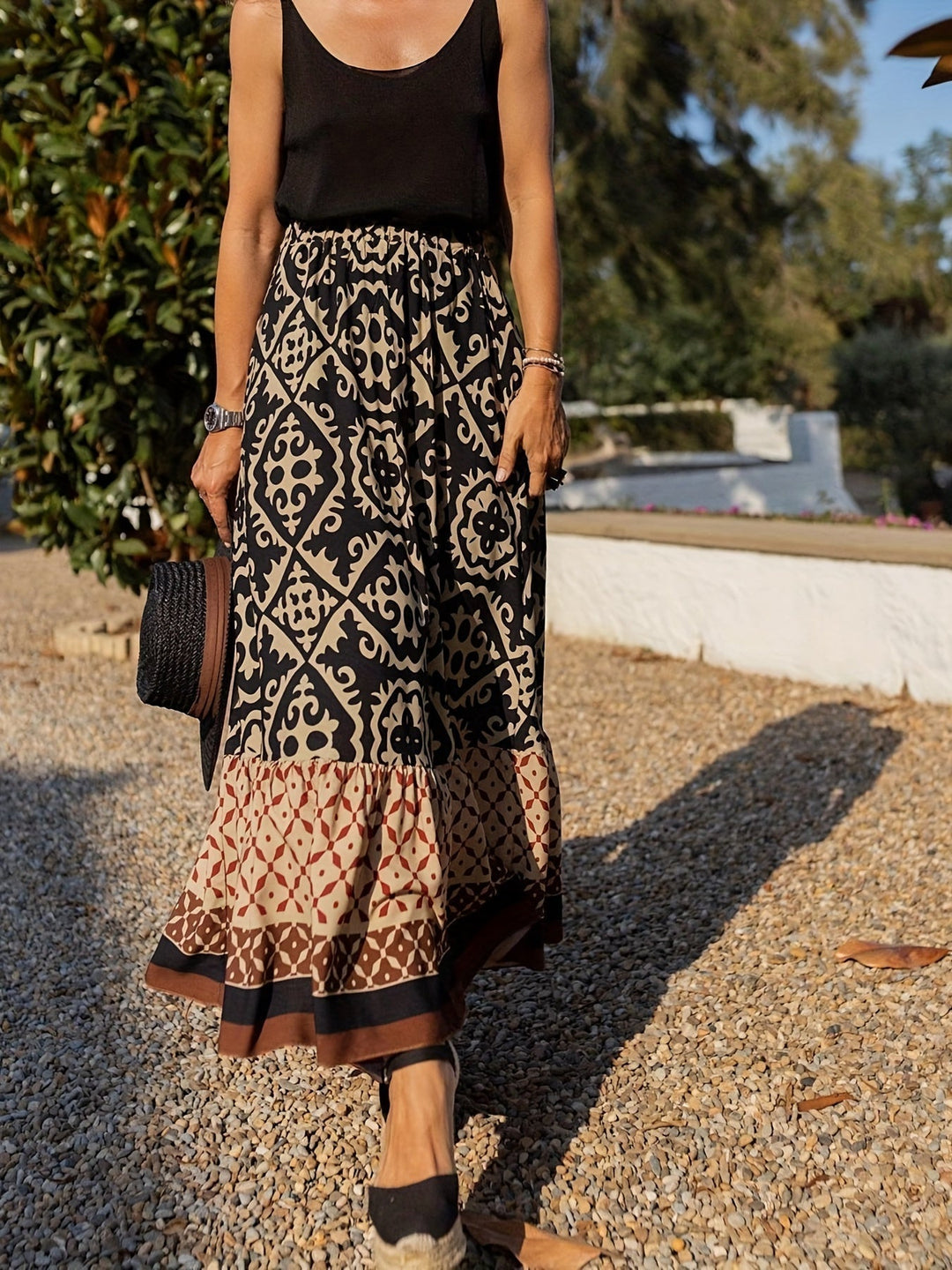 Printed Boho maxi skirt with a flowing cut & fringes – Yalina-Black-S-Nora Luxe