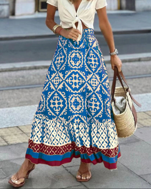 Printed Boho maxi skirt with a flowing cut & fringes – Yalina-Blue-S-Nora Luxe