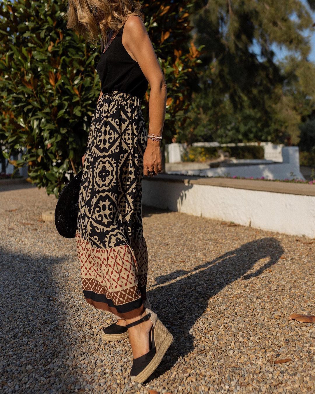 Printed Boho maxi skirt with a flowing cut & fringes – Yalina-Green-S-Nora Luxe