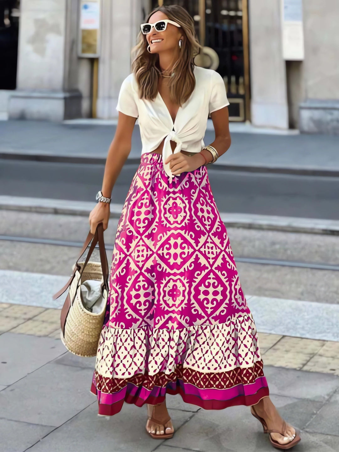 Printed Boho maxi skirt with a flowing cut & fringes – Yalina-Pink-S-Nora Luxe