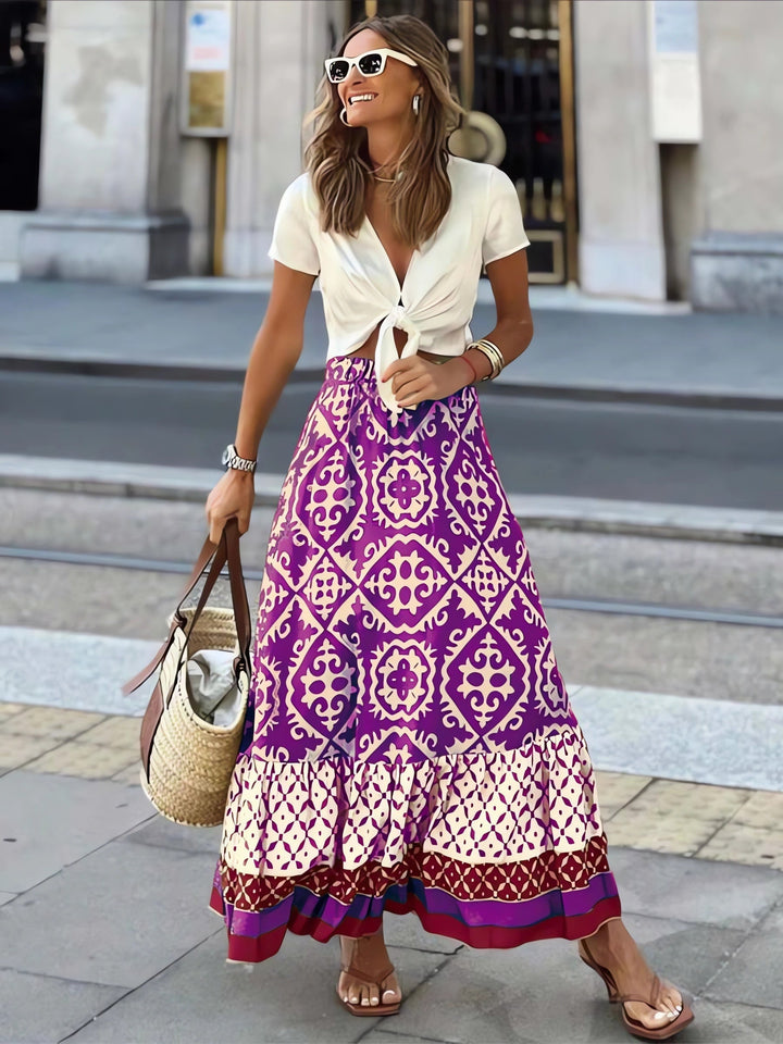Printed Boho maxi skirt with a flowing cut & fringes – Yalina-Purple-S-Nora Luxe