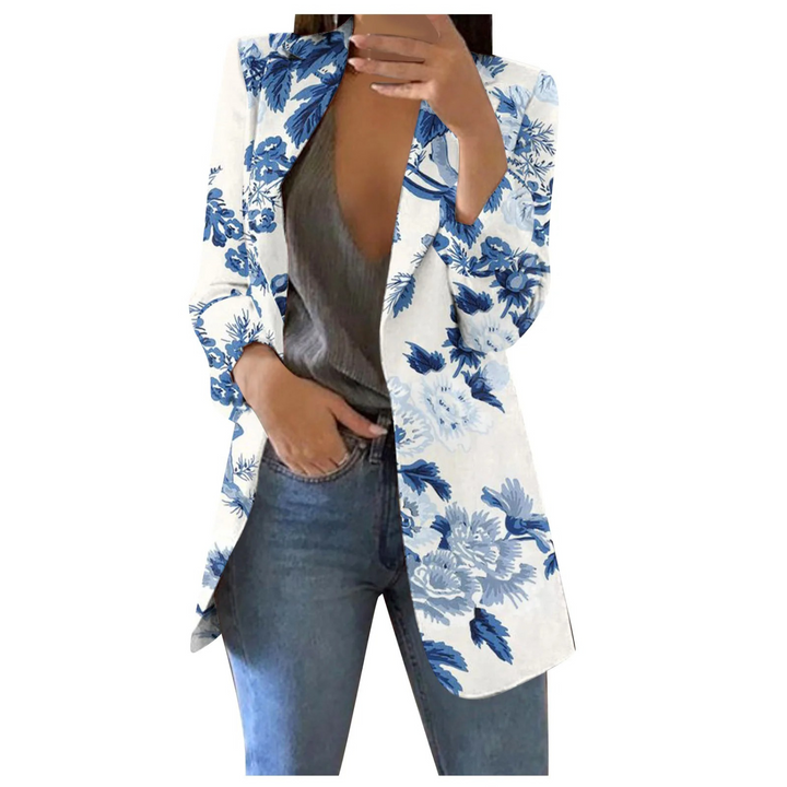 Printed Cropped Women's Blazer - Savannah-White-blue-S-Nora Luxe