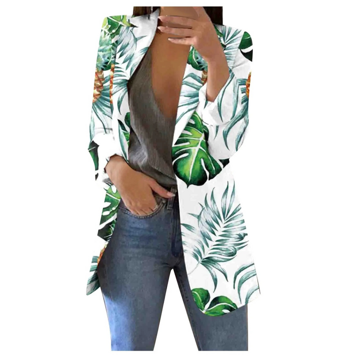 Printed Cropped Women's Blazer - Savannah-White-Green-S-Nora Luxe