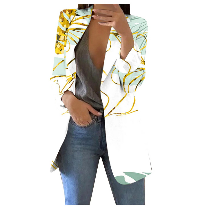 Printed Cropped Women's Blazer - Savannah-Yellow-White-S-Nora Luxe