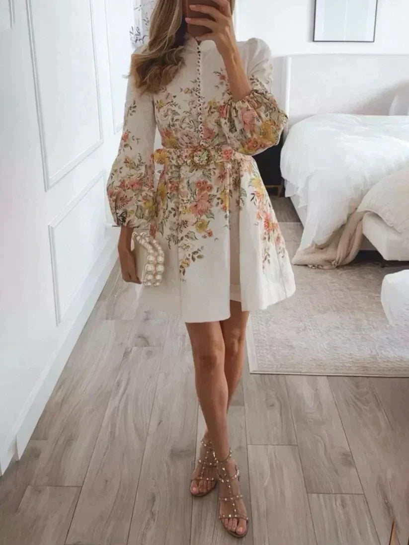 Printed Mini Dress with Buttons - Isabella-XS-Nora Luxe