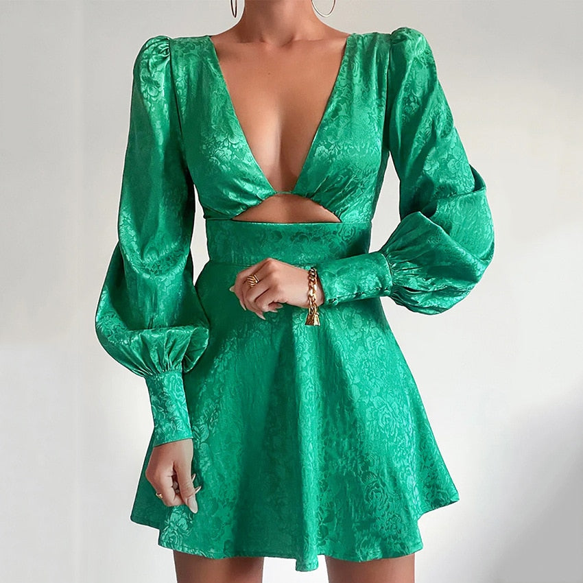 Printed Satin Dress with Puff Sleeves - Valeria-Vegetables-S-Nora Luxe
