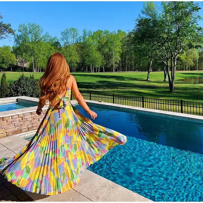 Printed Summer Dress with Deep Neckline and Bow Detail – Vivienne-S-State of Style