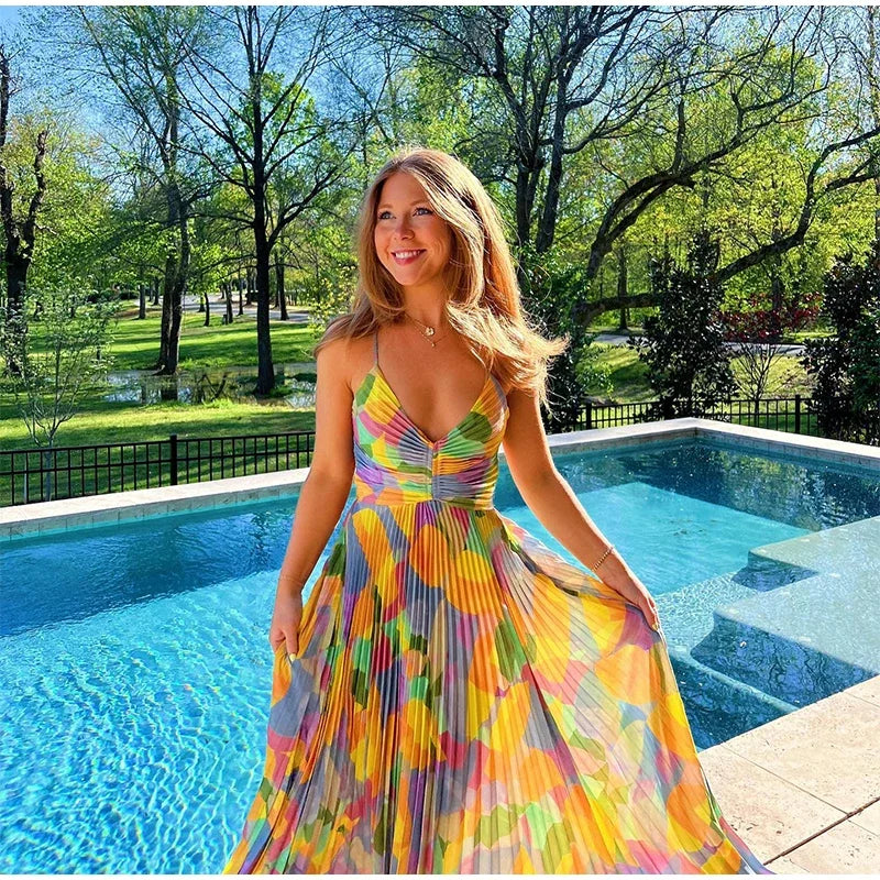 Printed Summer Dress with Deep Neckline and Bow Detail – Vivienne-S-State of Style