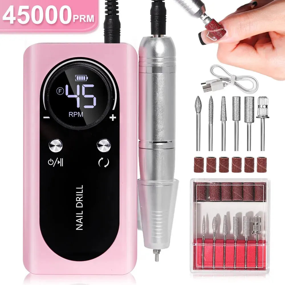 PROFESSIONAL 45000RPM PORTABLE ELECTRIC NAIL FILE WITH RECHARGEABLE BATTERY | LOW NOISE LEVEL FOR MANICURE-Pink-Nora Luxe
