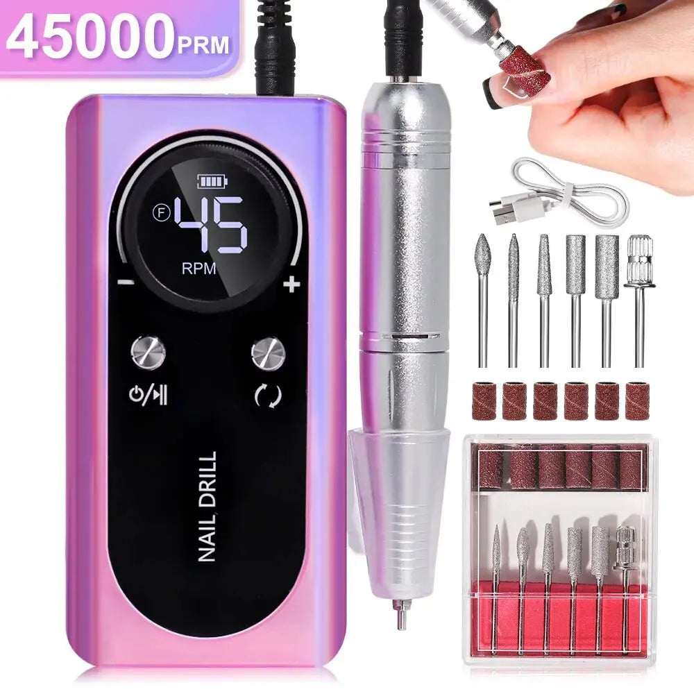 PROFESSIONAL 45000RPM PORTABLE ELECTRIC NAIL FILE WITH RECHARGEABLE BATTERY | LOW NOISE LEVEL FOR MANICURE-Purple-Nora Luxe