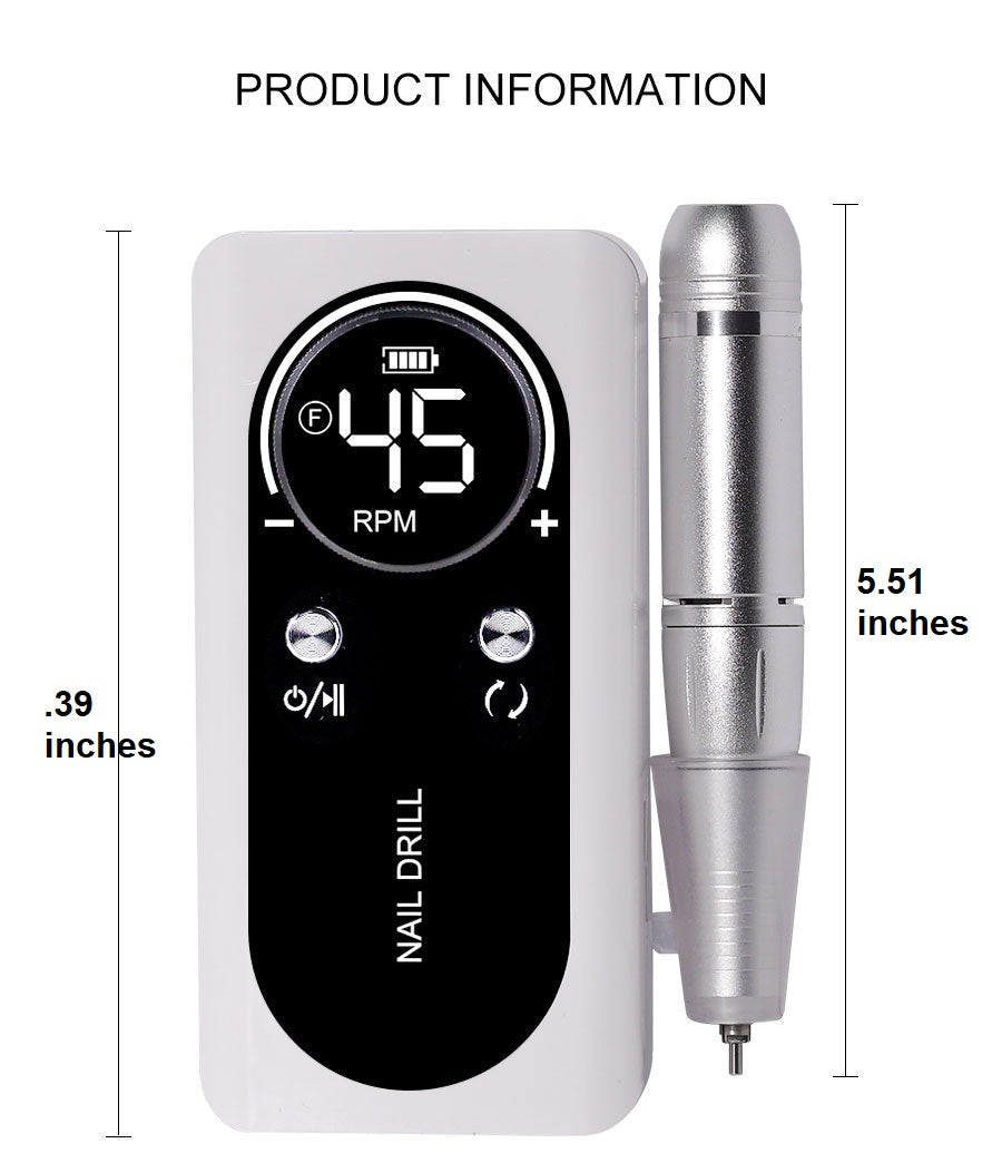 PROFESSIONAL 45000RPM PORTABLE ELECTRIC NAIL FILE WITH RECHARGEABLE BATTERY | LOW NOISE LEVEL FOR MANICURE-White-Nora Luxe