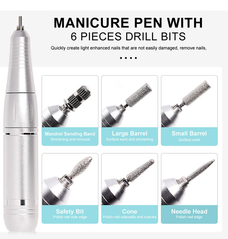 PROFESSIONAL 45000RPM PORTABLE ELECTRIC NAIL FILE WITH RECHARGEABLE BATTERY | LOW NOISE LEVEL FOR MANICURE-White-Nora Luxe