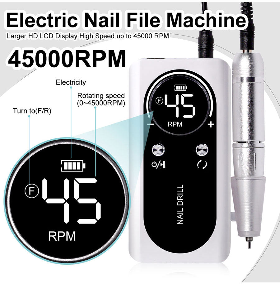 PROFESSIONAL 45000RPM PORTABLE ELECTRIC NAIL FILE WITH RECHARGEABLE BATTERY | LOW NOISE LEVEL FOR MANICURE-White-Nora Luxe