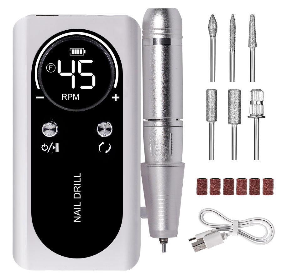 PROFESSIONAL 45000RPM PORTABLE ELECTRIC NAIL FILE WITH RECHARGEABLE BATTERY | LOW NOISE LEVEL FOR MANICURE-White-Nora Luxe