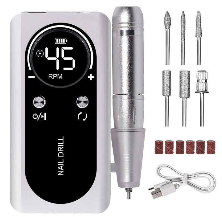 PROFESSIONAL 45000RPM PORTABLE ELECTRIC NAIL FILE WITH RECHARGEABLE BATTERY | LOW NOISE LEVEL FOR MANICURE-White-Nora Luxe