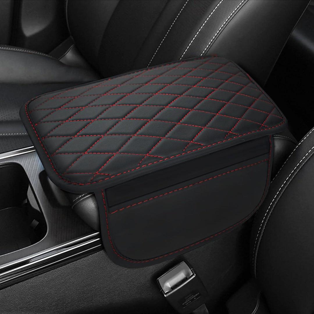 PU Leather Car Armrest Mat-Black with Red Lines-Nora Luxe