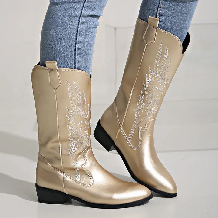 PU Leather Ladies Cowboy Boots with Soft Lining - Clara-Gold-4.5-Nora Luxe