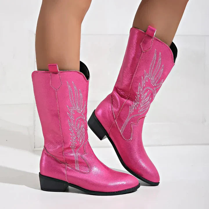 PU Leather Ladies Cowboy Boots with Soft Lining - Clara-Pink-4.5-Nora Luxe