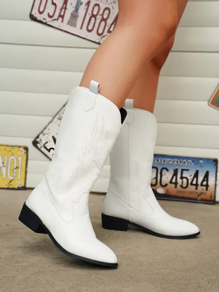 PU Leather Ladies Cowboy Boots with Soft Lining - Clara-White-4.5-Nora Luxe