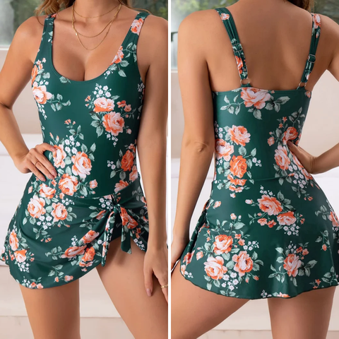 Push-up swimsuit with skirt & body-shaping effect – Nela-Flowers green-M-Nora Luxe