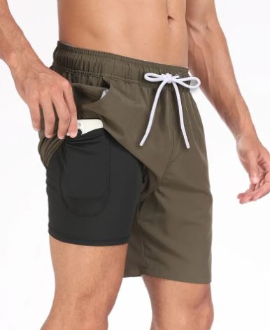 Quick-drying men's swim shorts with stretch & mobile phone pocket – Jonas-Army green-S-Nora Luxe