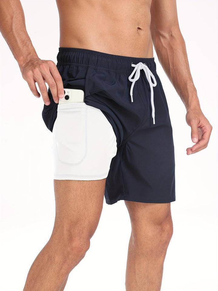 Quick-drying men's swim shorts with stretch & mobile phone pocket – Jonas-Navy blue-S-Nora Luxe
