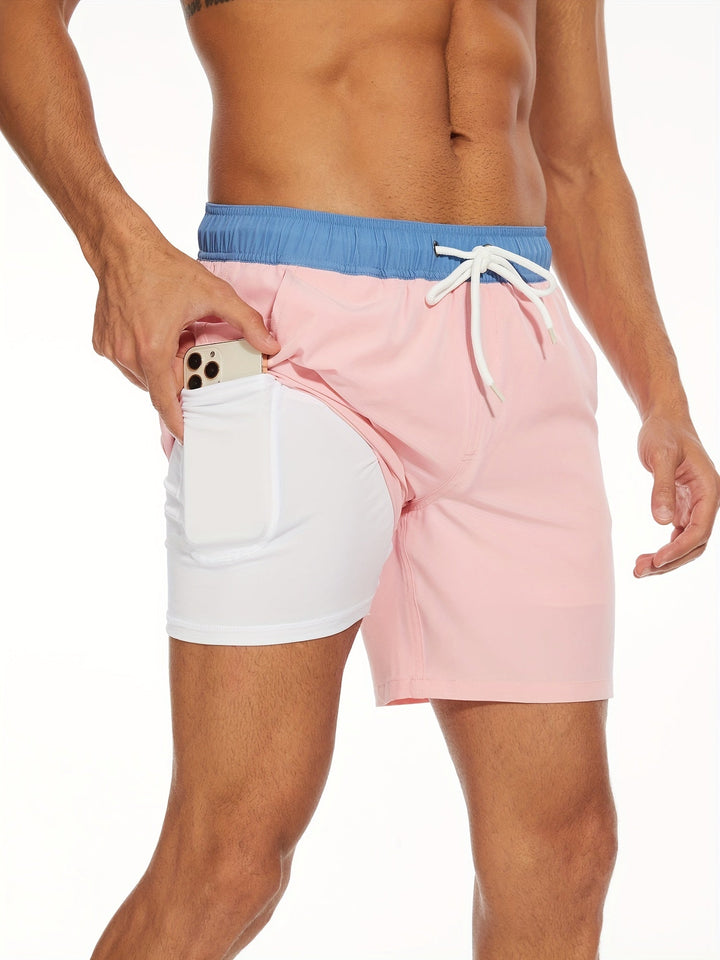 Quick-drying men's swim shorts with stretch & mobile phone pocket – Jonas-Pink colour-S-Nora Luxe