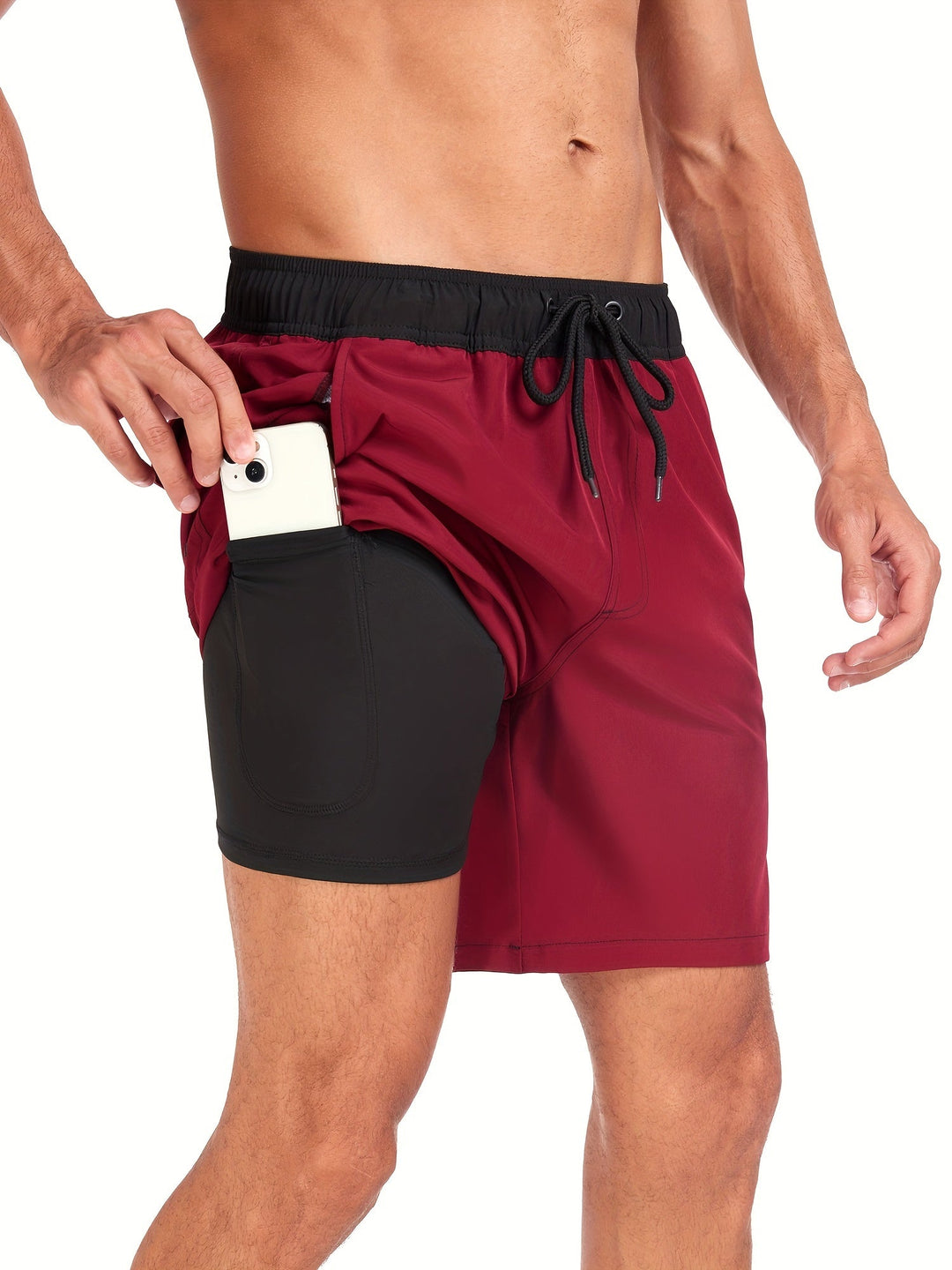 Quick-drying men's swim shorts with stretch & mobile phone pocket – Jonas-Red wine-S-Nora Luxe