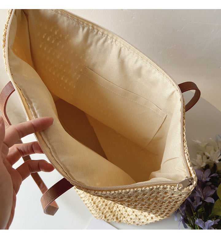 Rattan Woven Bag with Leather Straps - SummerBreeze Tote-Brown-Nora Luxe
