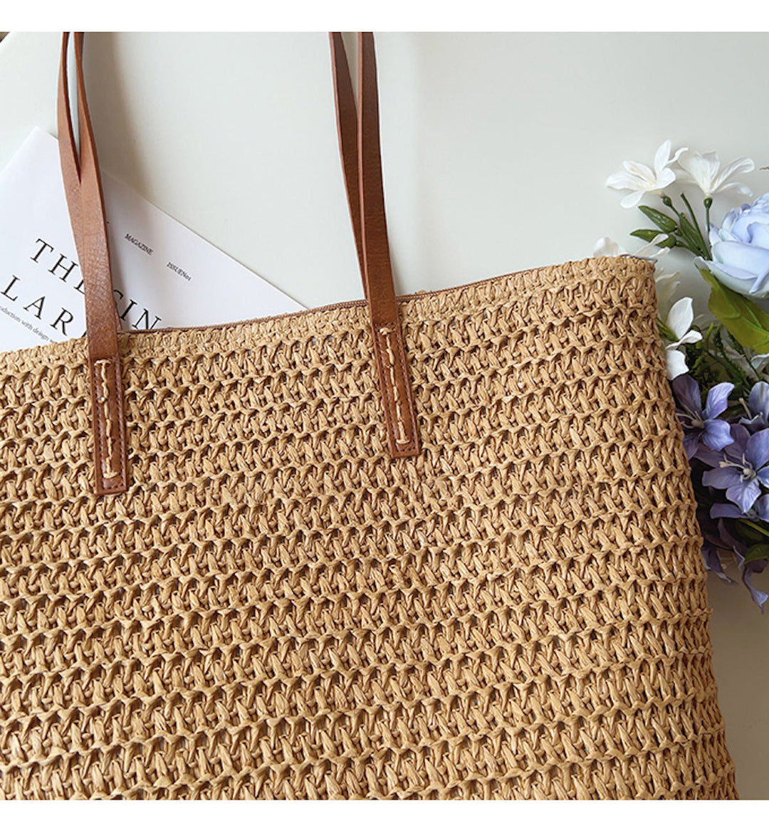 Rattan Woven Bag with Leather Straps - SummerBreeze Tote-Brown-Nora Luxe