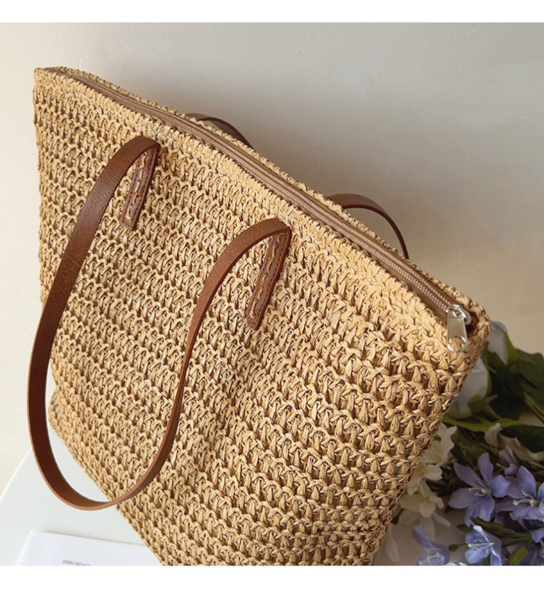 Rattan Woven Bag with Leather Straps - SummerBreeze Tote-Brown-Nora Luxe
