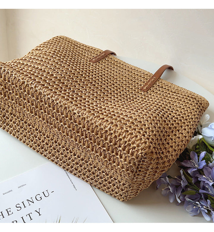 Rattan Woven Bag with Leather Straps - SummerBreeze Tote-Brown-Nora Luxe