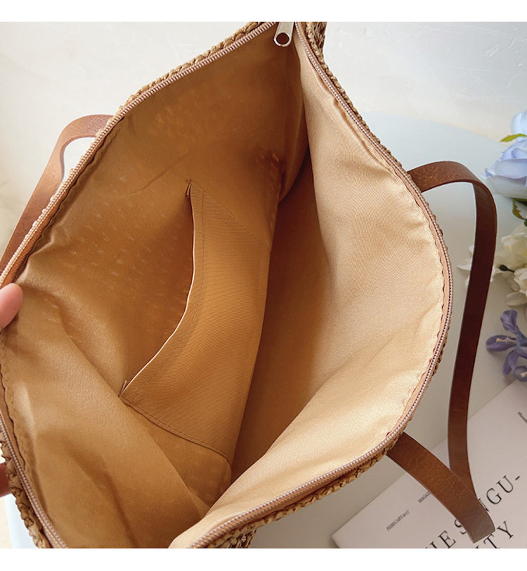 Rattan Woven Bag with Leather Straps - SummerBreeze Tote-Brown-Nora Luxe