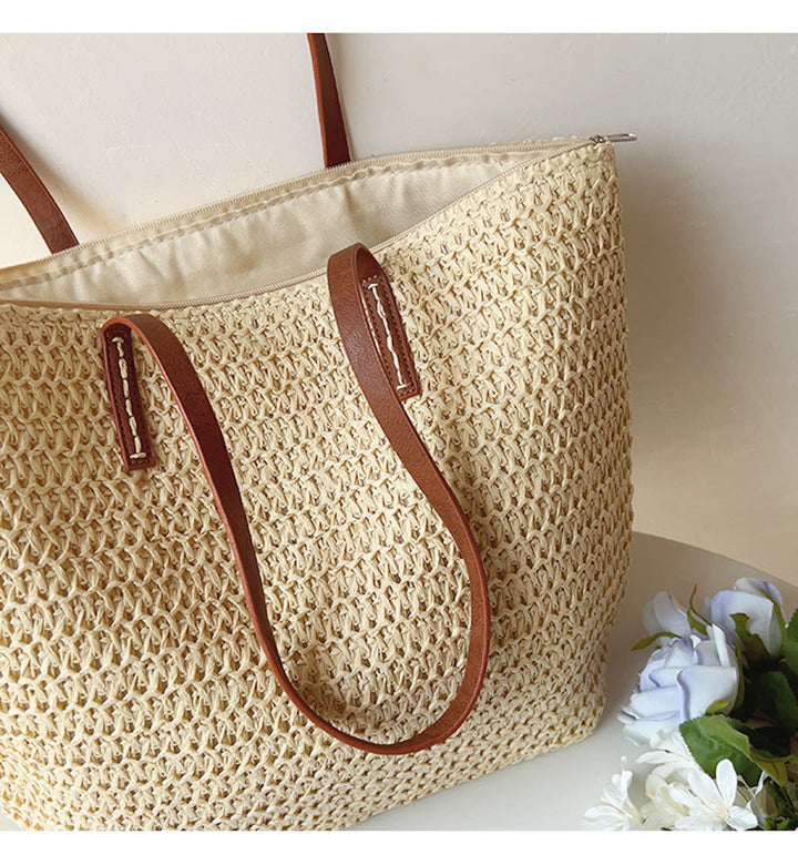 Rattan Woven Bag with Leather Straps - SummerBreeze Tote-Brown-Nora Luxe
