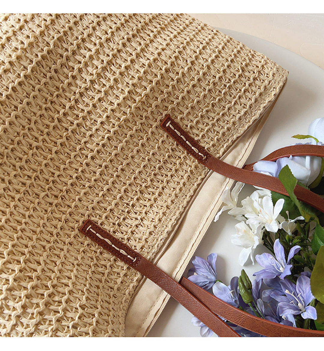 Rattan Woven Bag with Leather Straps - SummerBreeze Tote-Brown-Nora Luxe