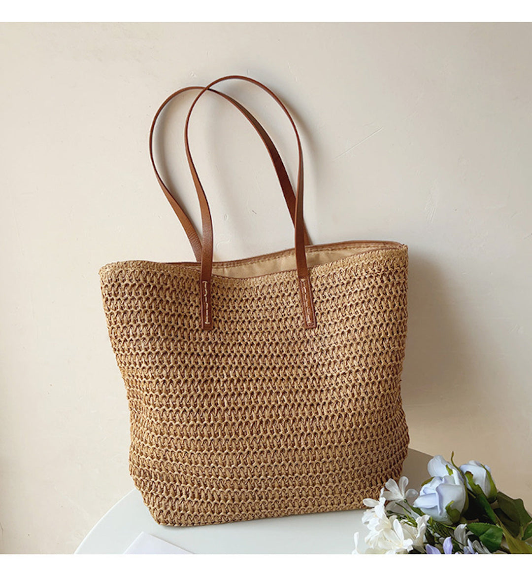 Rattan Woven Bag with Leather Straps - SummerBreeze Tote-Brown-Nora Luxe