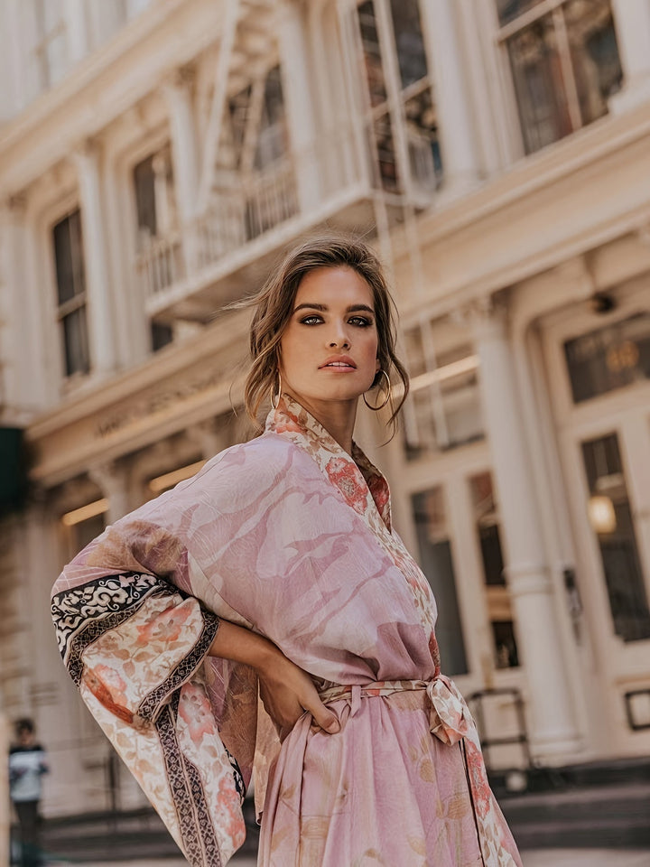 Red Floral Print Kimono - Isabella-Red Orange-One Size-Nora Luxe