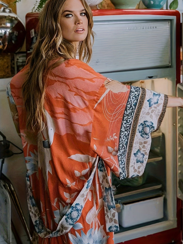 Red Floral Print Kimono - Isabella-Red Orange-One Size-Nora Luxe