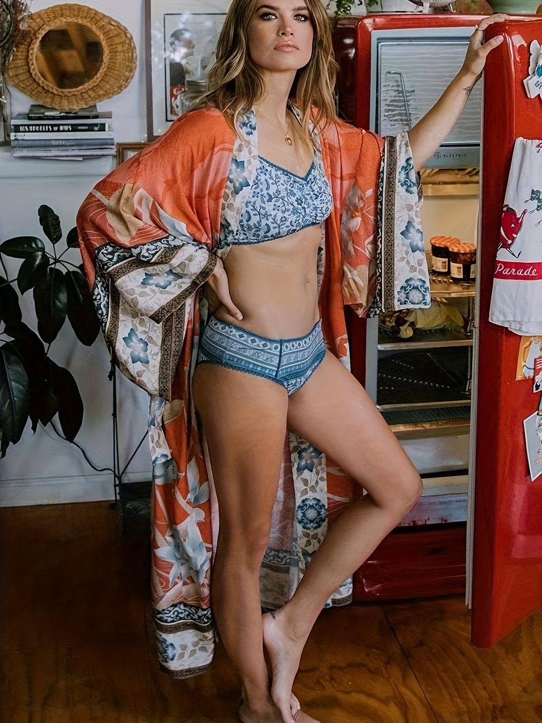 Red Floral Print Kimono - Isabella-Red Orange-One Size-Nora Luxe