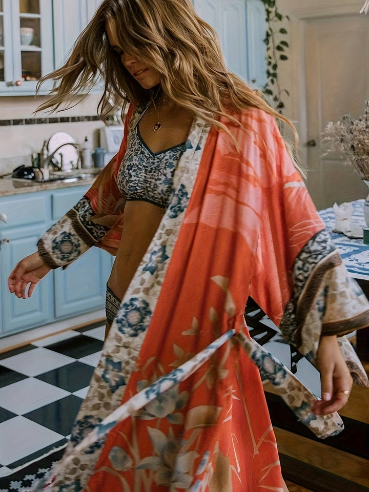 Red Floral Print Kimono - Isabella-Red Orange-One Size-Nora Luxe