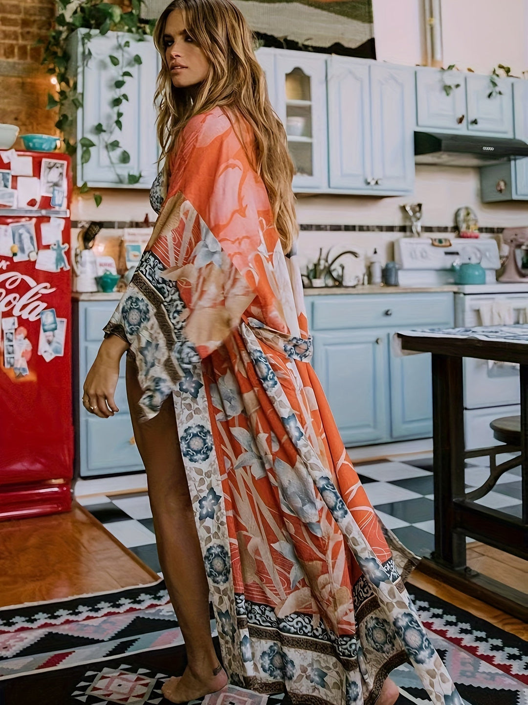 Red Floral Print Kimono - Isabella-Red Orange-One Size-Nora Luxe