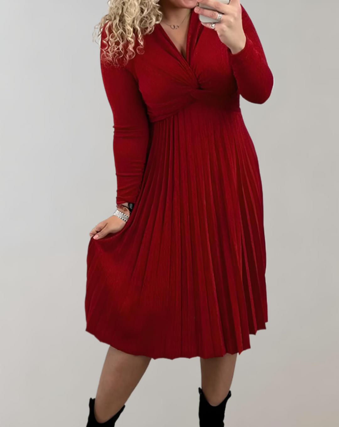 Red Midi Dress with High Waist - Selena-S-Nora Luxe