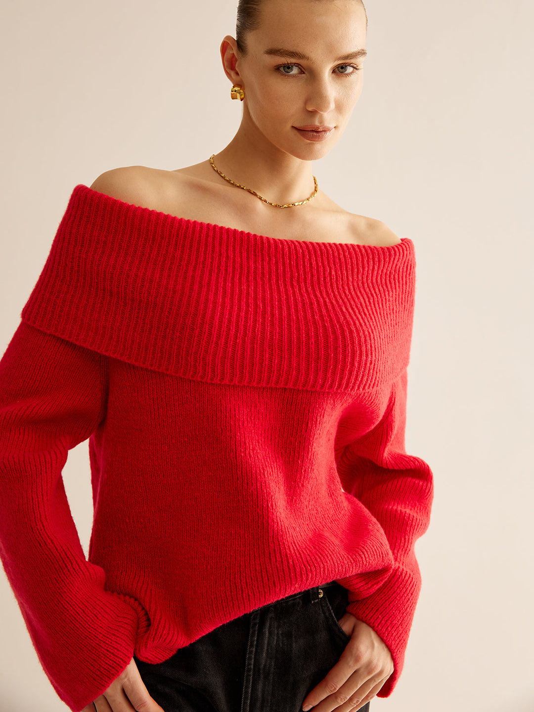 Red Off Shoulder Sweater for Women - Livia-XS-Nora Luxe