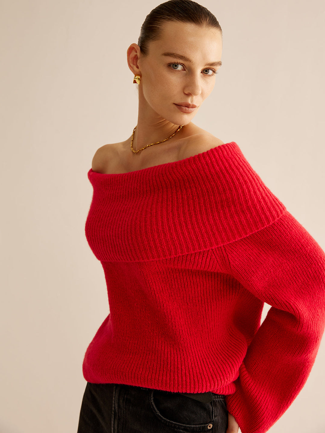 Red Off Shoulder Sweater for Women - Livia-XS-Nora Luxe