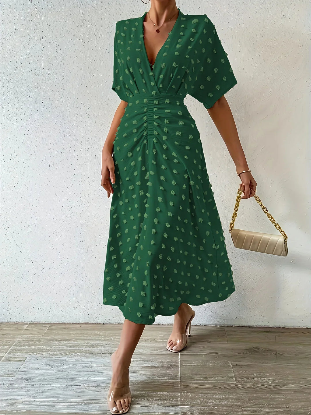 Refined Pleated Midi Dress with Ruffles | Evening Dress-S-Apricot-Nora Luxe