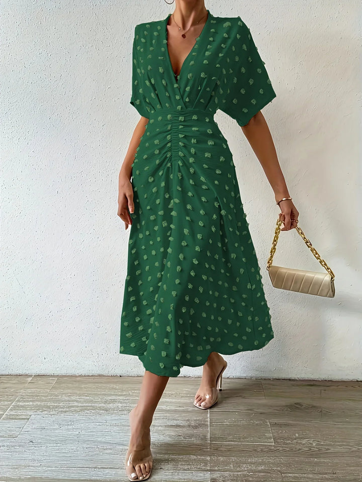 Refined Pleated Midi Dress with Ruffles | Evening Dress-S-Apricot-Nora Luxe