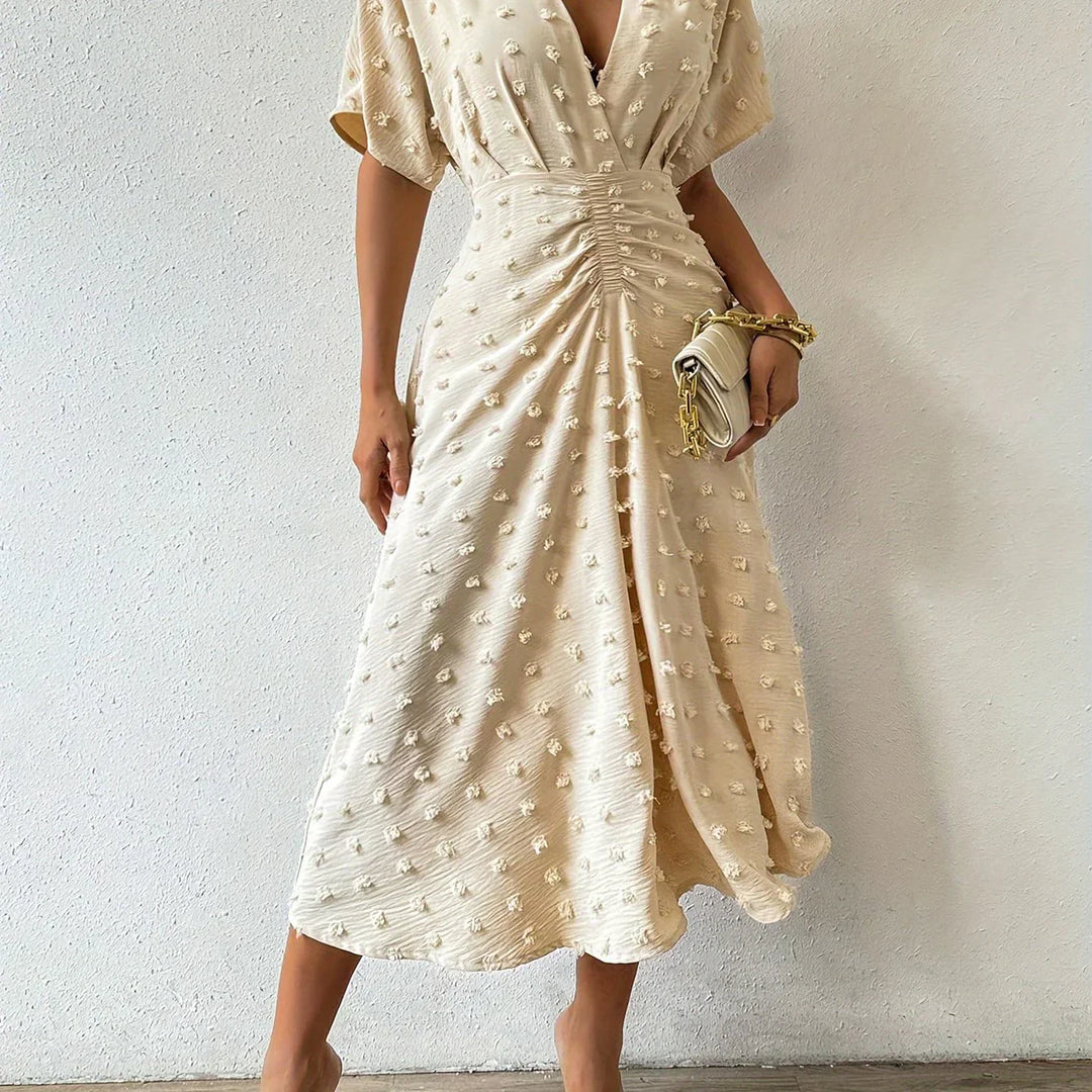 Refined Pleated Midi Dress with Ruffles | Evening Dress-S-Apricot-Nora Luxe