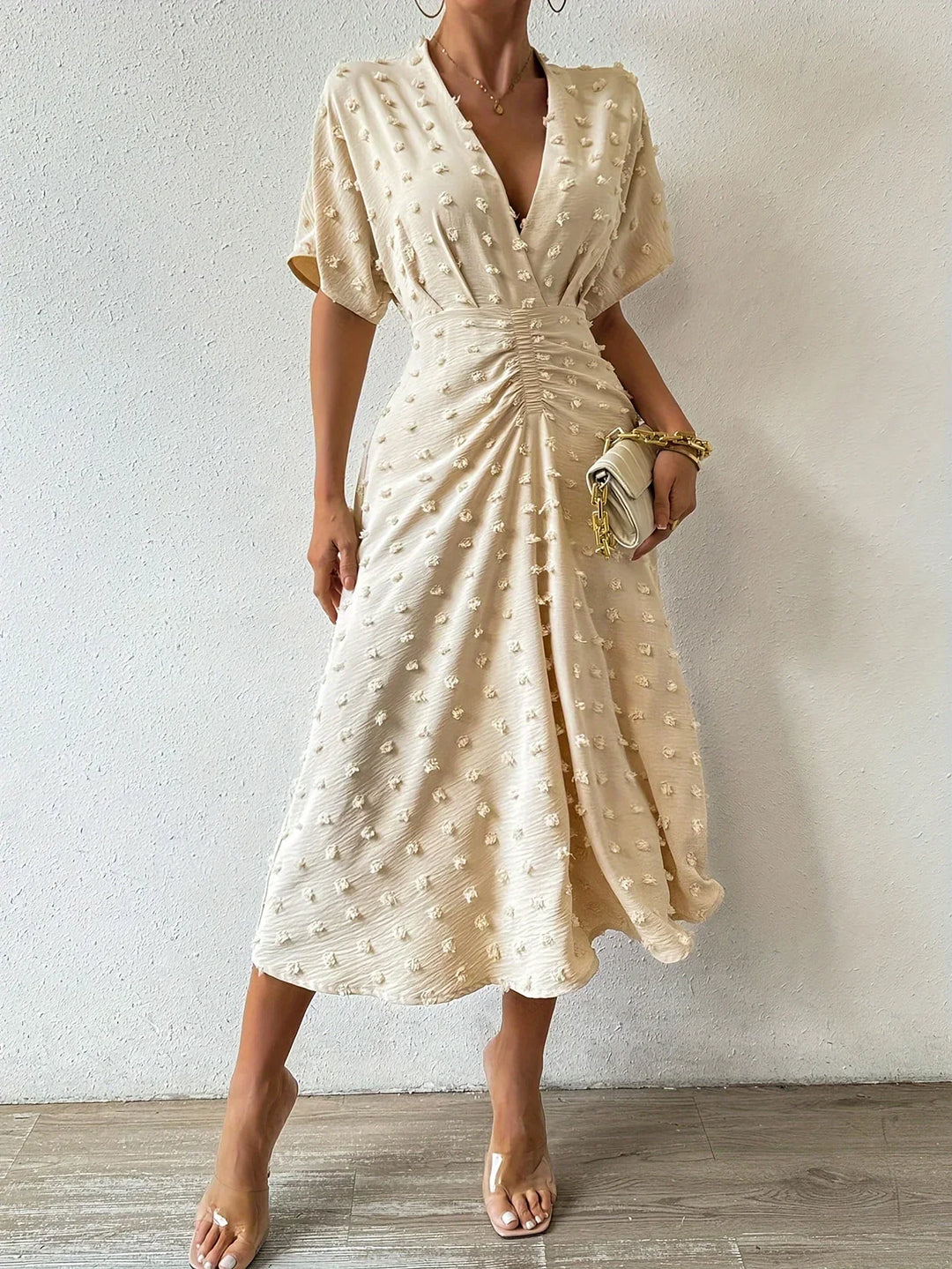 Refined Pleated Midi Dress with Ruffles | Evening Dress-S-Apricot-Nora Luxe